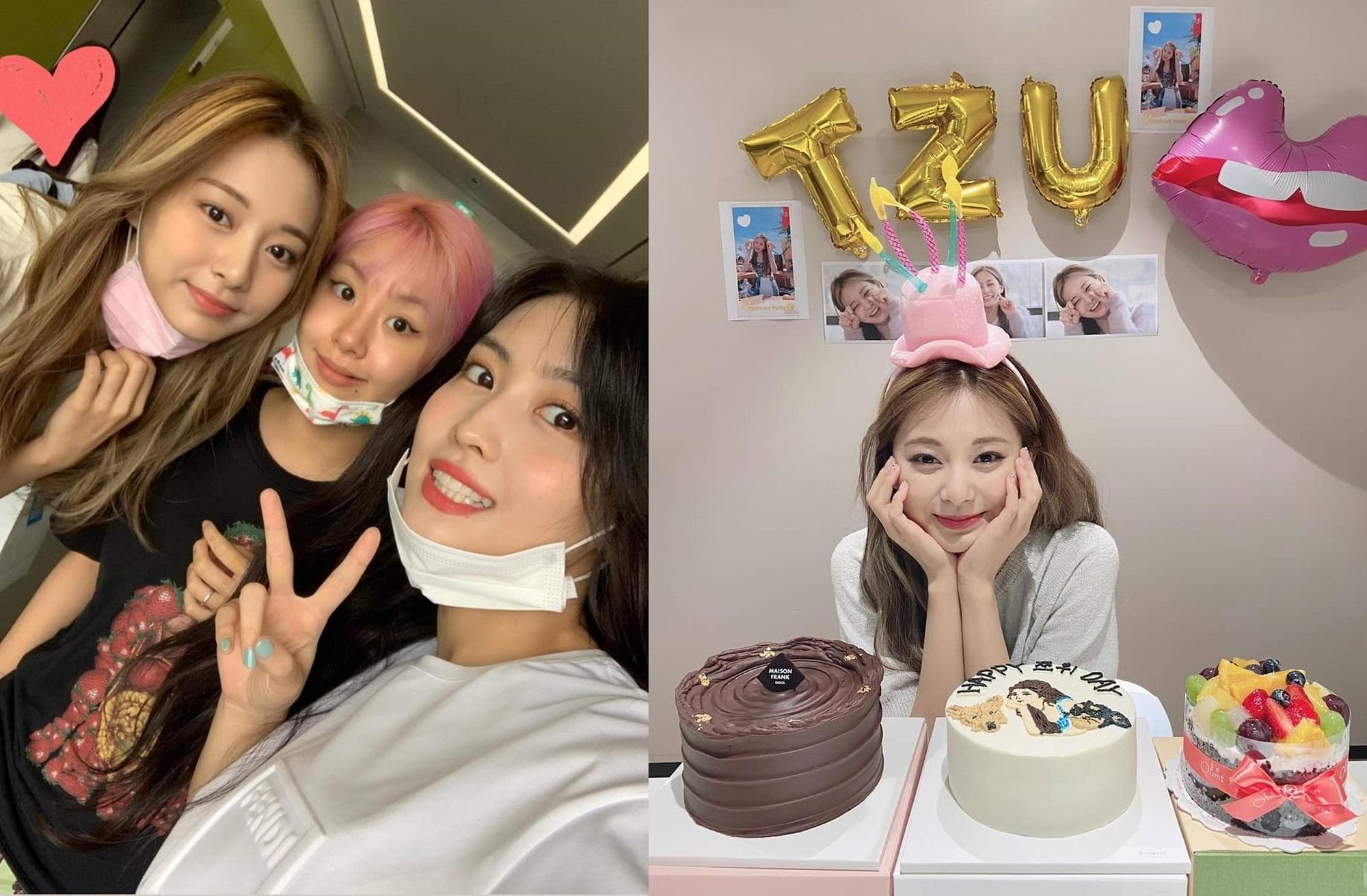 「TWICE」台灣成員周子瑜(右圖)昨迎接22歲生日,她今天和成員MOMO(左圖右)、彩瑛(左圖中)一起上廣播節目宣傳。(翻攝自TWICE Instagram)