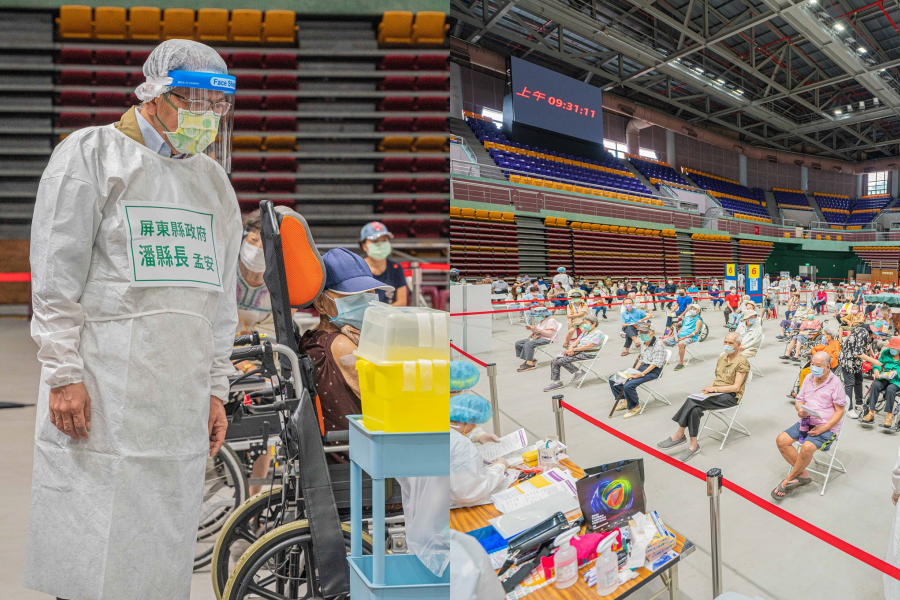 屏東縣長潘孟安（左圖左）今日前往屏東縣立體育館視察長者接種疫苗，透露屏東採一條龍的貼心服務。（翻攝自潘孟安臉書）