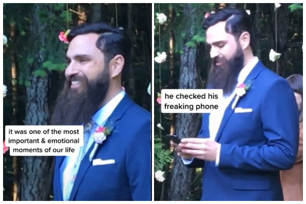 美國女子蘿倫穿著婚紗走在紅毯時，丈夫卻突然一臉嚴肅低頭查看手機。（翻攝自Taylor Loren TikTok）