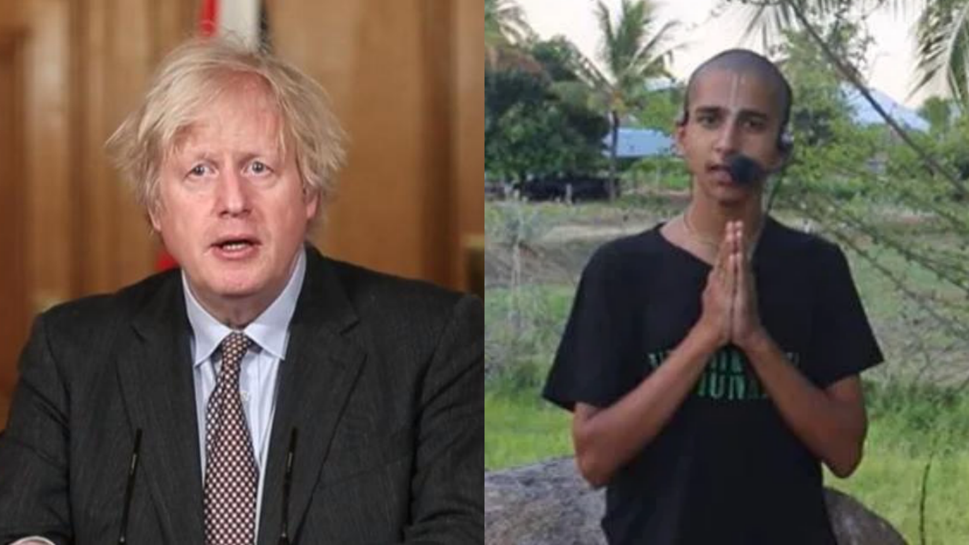 印度神童(右)日前預言英國疫情將出現變數,英國首相(左)巧合宣布延後解封。(翻攝自Boris Johnson臉書、Conscience YouTube)