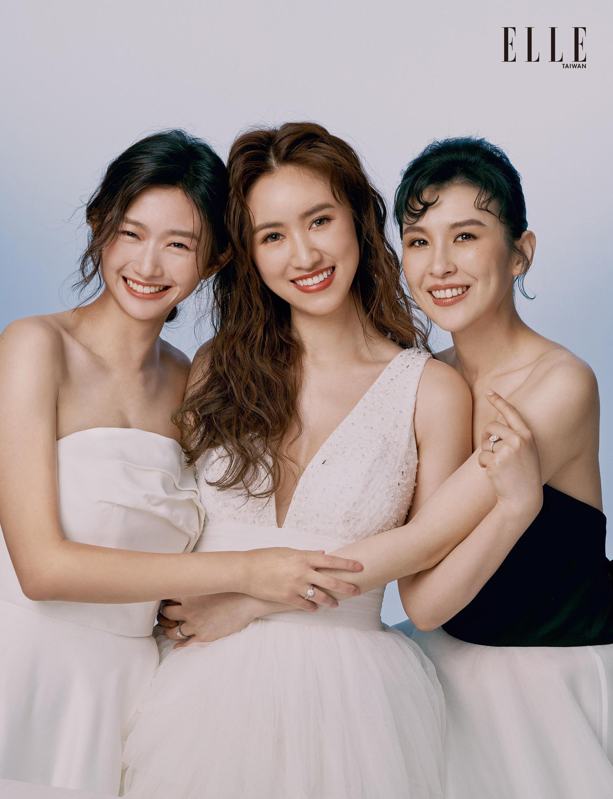 吳姍儒(中)、魏如昀(右)、晏柔中(左)在教會相識結為閨密,3人一起登上《ELLE WEDDING》春夏號封面。(《ELLE》國際中文版雜誌提供)