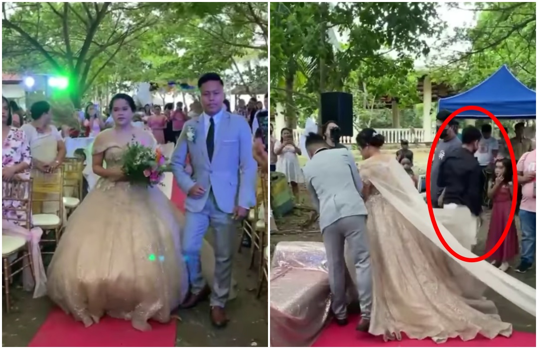 菲律賓一名新娘走紅毯時，下身彷彿有巨大生物「詭異蠕動」，結果是一名男子躲在裡面。（翻攝自Lunesa Roel臉書）