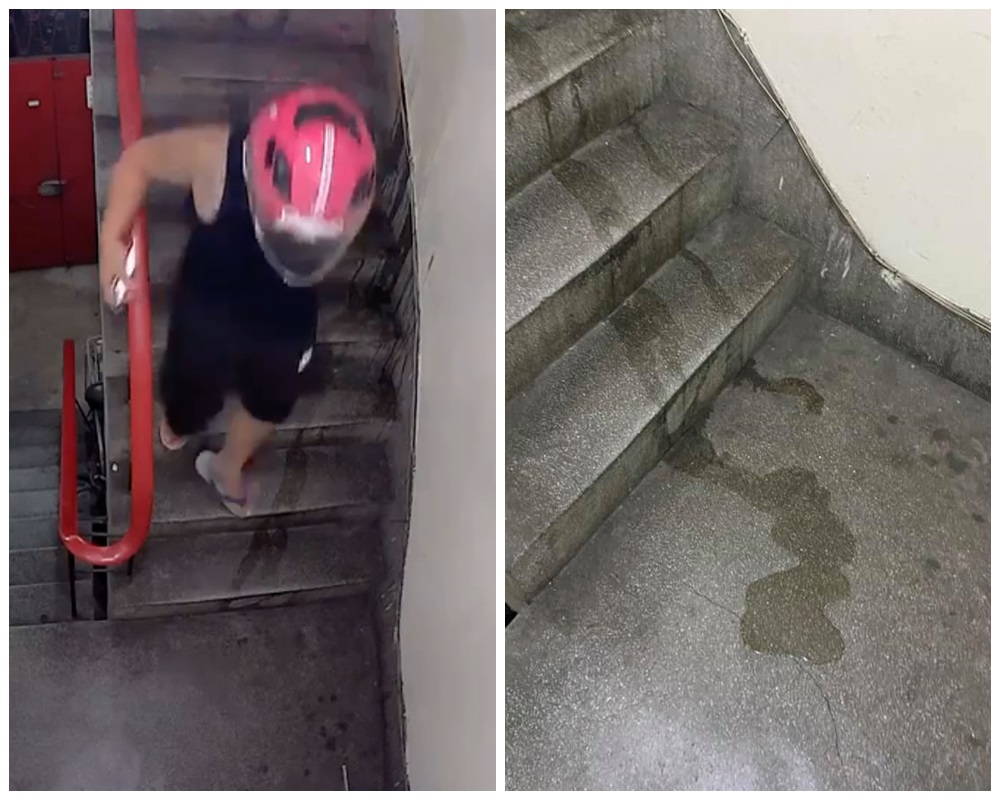 外送員送完餐走下樓，竟在樓梯間小便解放，尿液在梯間蔓延。（翻攝「爆料公社（官方粉專專屬）」）