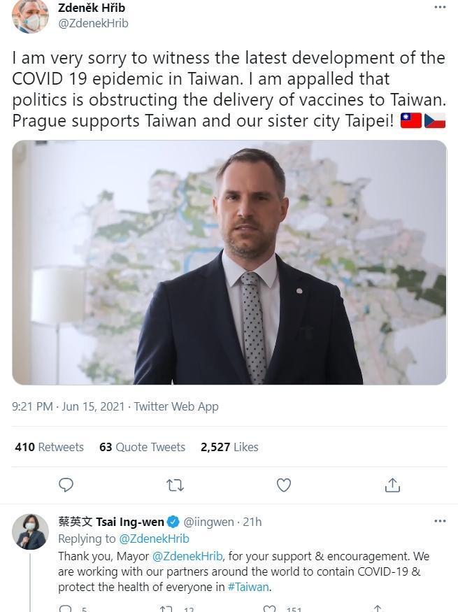 賀瑞普呼籲捷克政府協助台灣取得疫苗,總統蔡英文留言表示感謝。(翻攝自@ZdenekHrib推特)