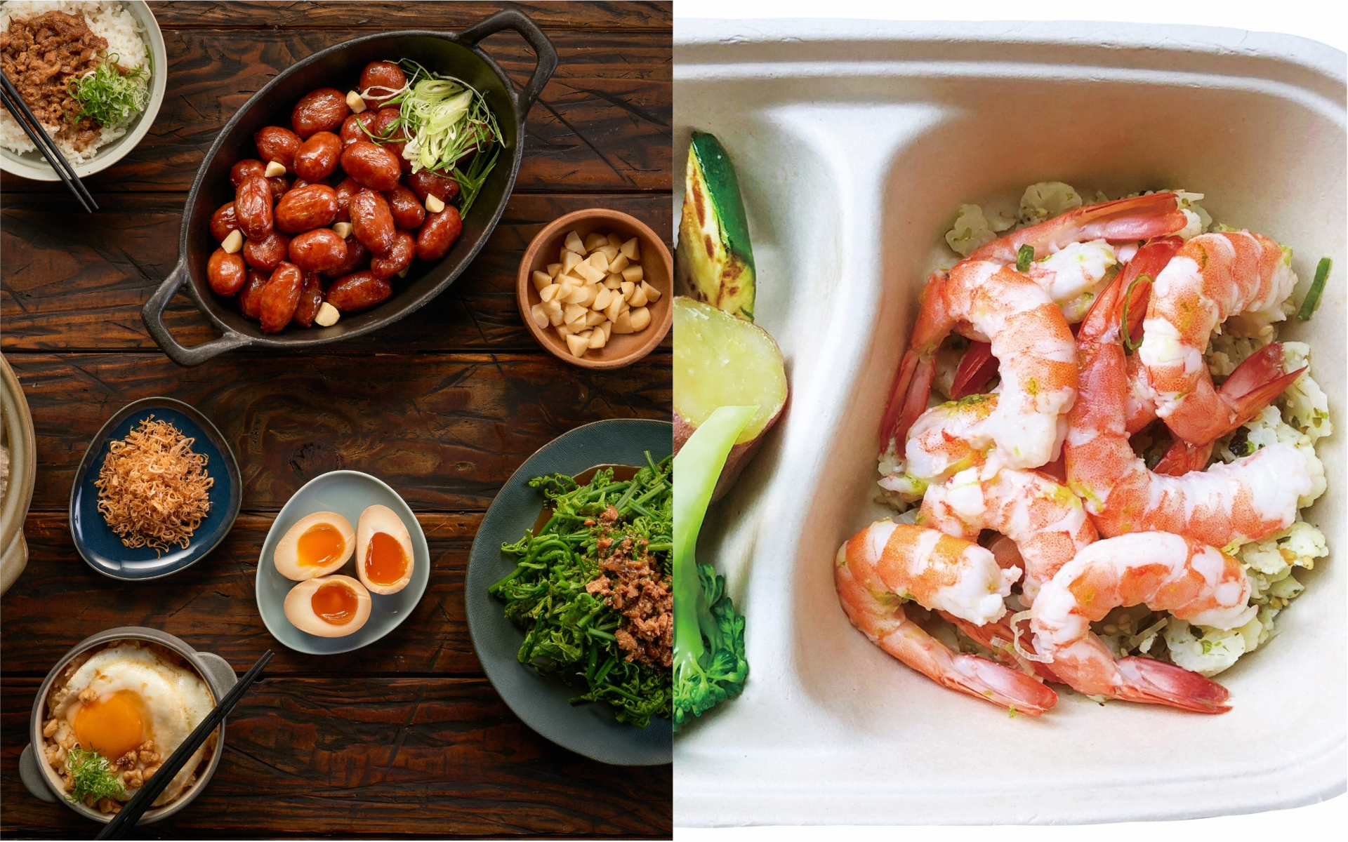 「RÒU by T-HAM」推出以白花椰菜米取代米飯的「香檸鮮蝦餐盒」（右，290元／個，RÒU by T-HAM提供）