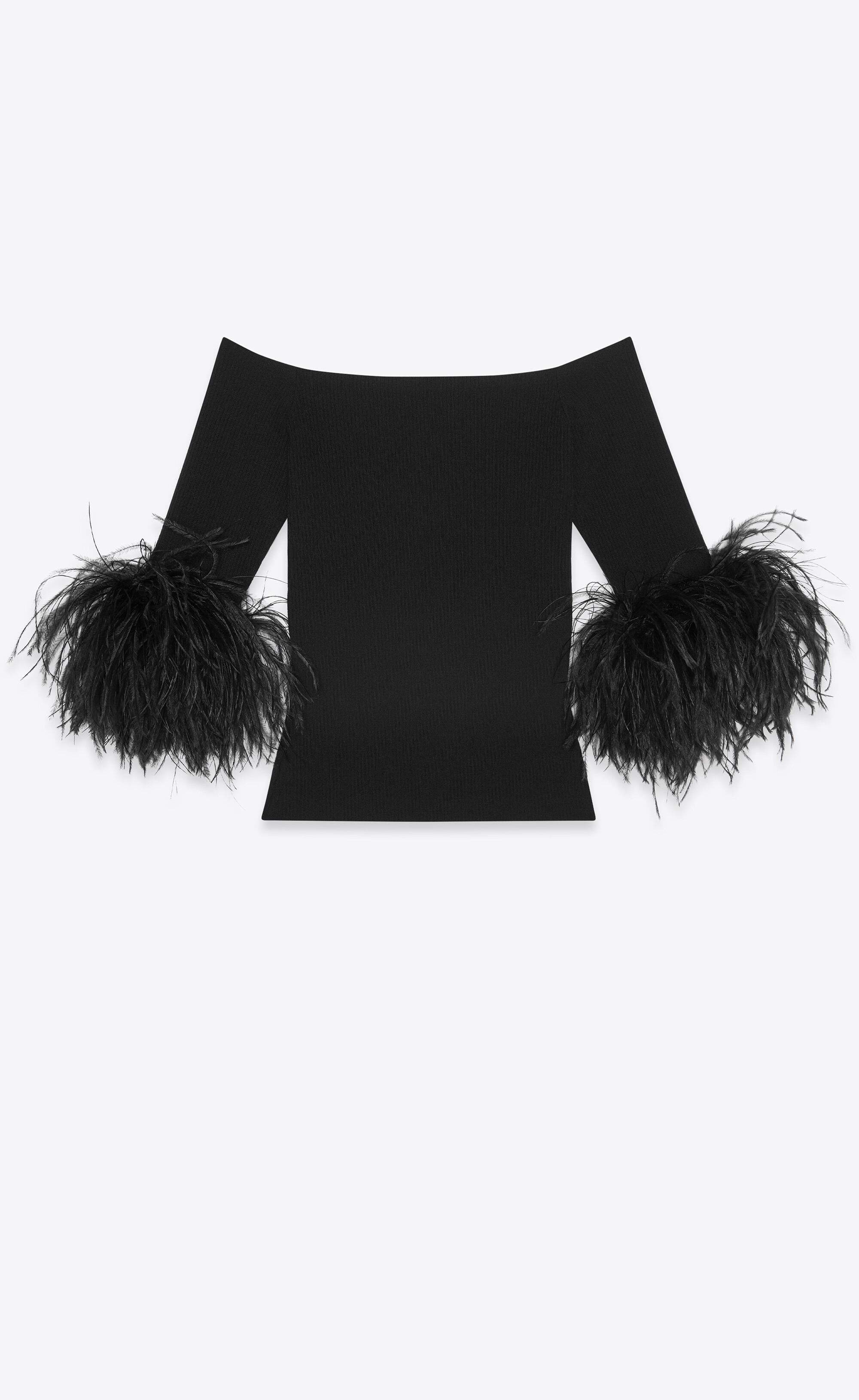 黑色羅紋緊身綴鴕鳥毛上衣 NT$38,950 SAINT LAURENT。（SAINT LAURENT提供）