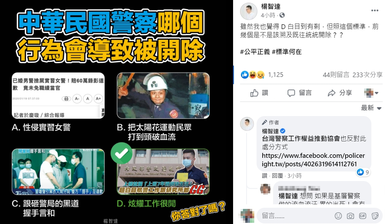 警察何種行為會導致被開除，4選項引發網友熱議。（翻攝自楊智達臉書）