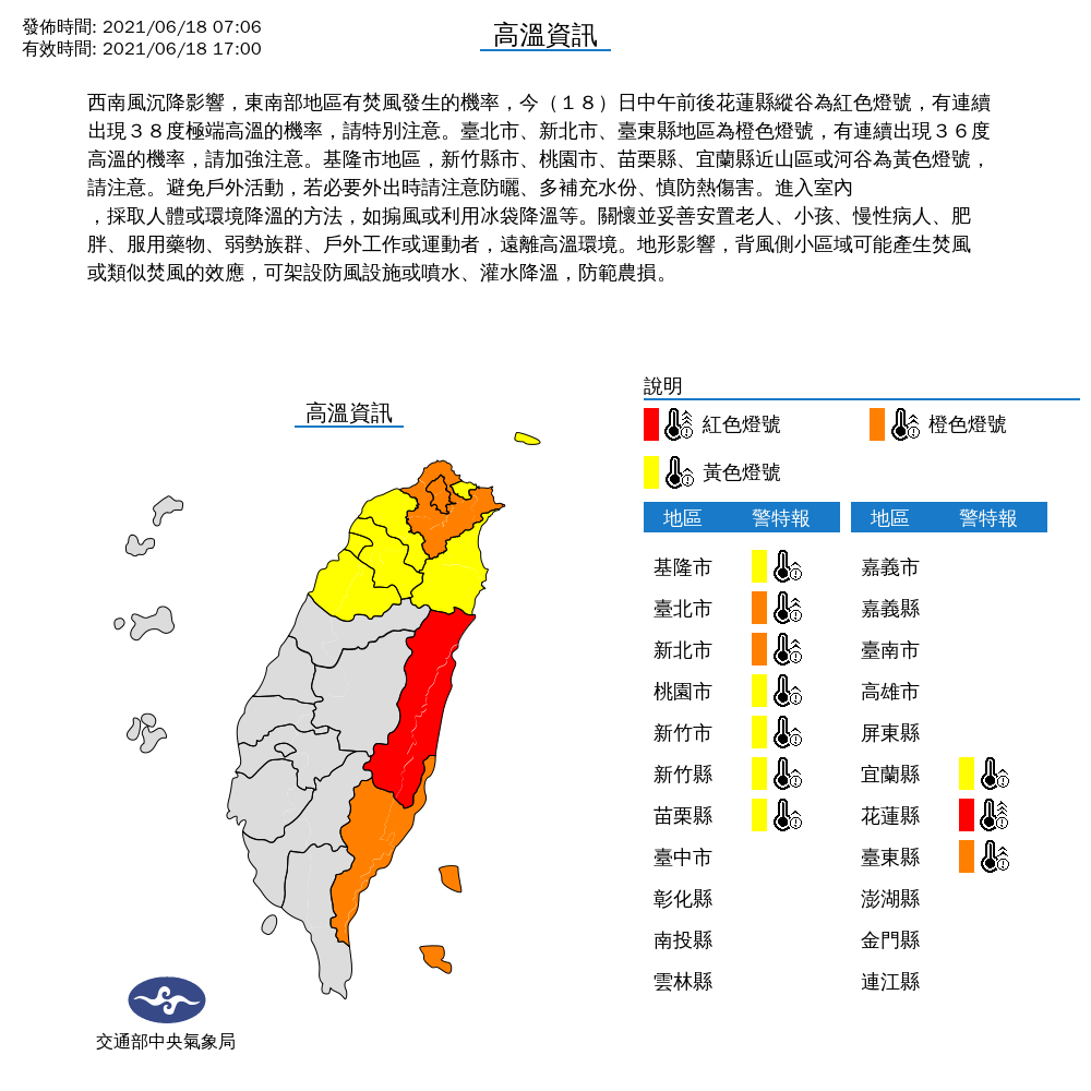 氣象局針對全台10縣市發布高溫警報。(中央氣象局提供)