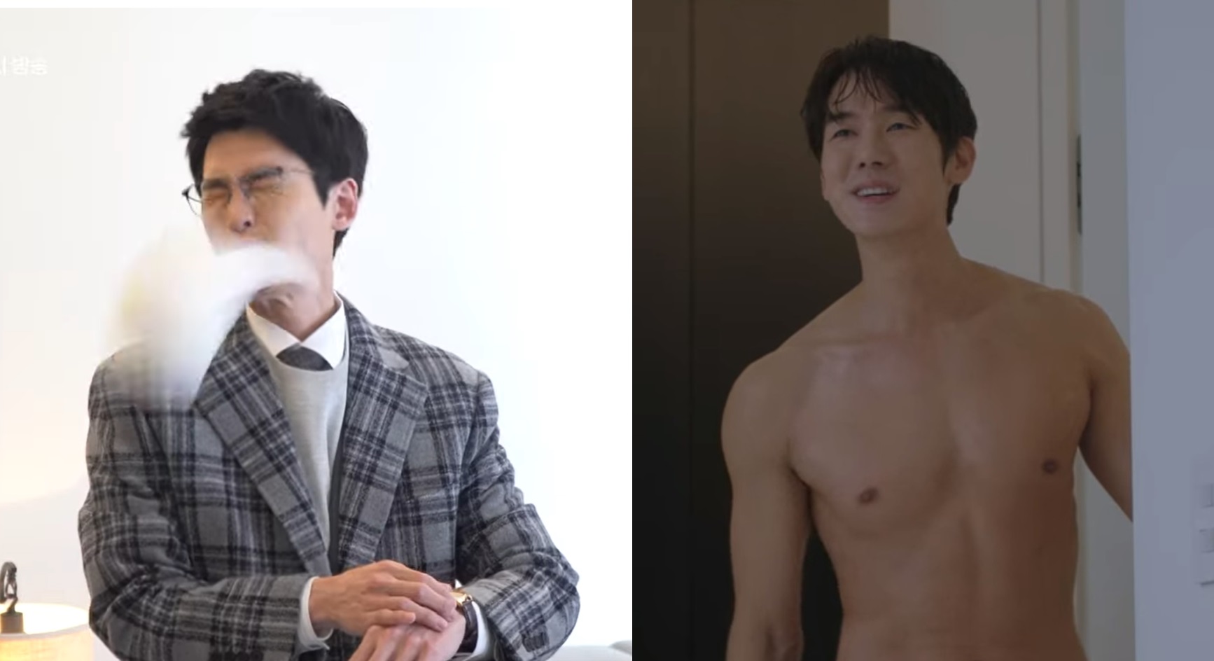 柳演錫(右圖)在《機智醫生生活:第2季》首播大秀好身材,第一集中他拿捲筒衛生紙丟鄭敬淏(左圖)前後拍攝多次才完成。(翻攝自tvN畫面)