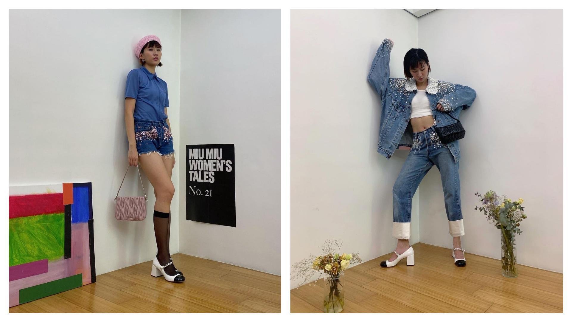 9m88在IG上po出一系列可愛的牛仔穿搭,原來是日前發表的 Upcycled by Miu Miu攜手Levi’s® 合作系列。(翻攝自9m88 IG)