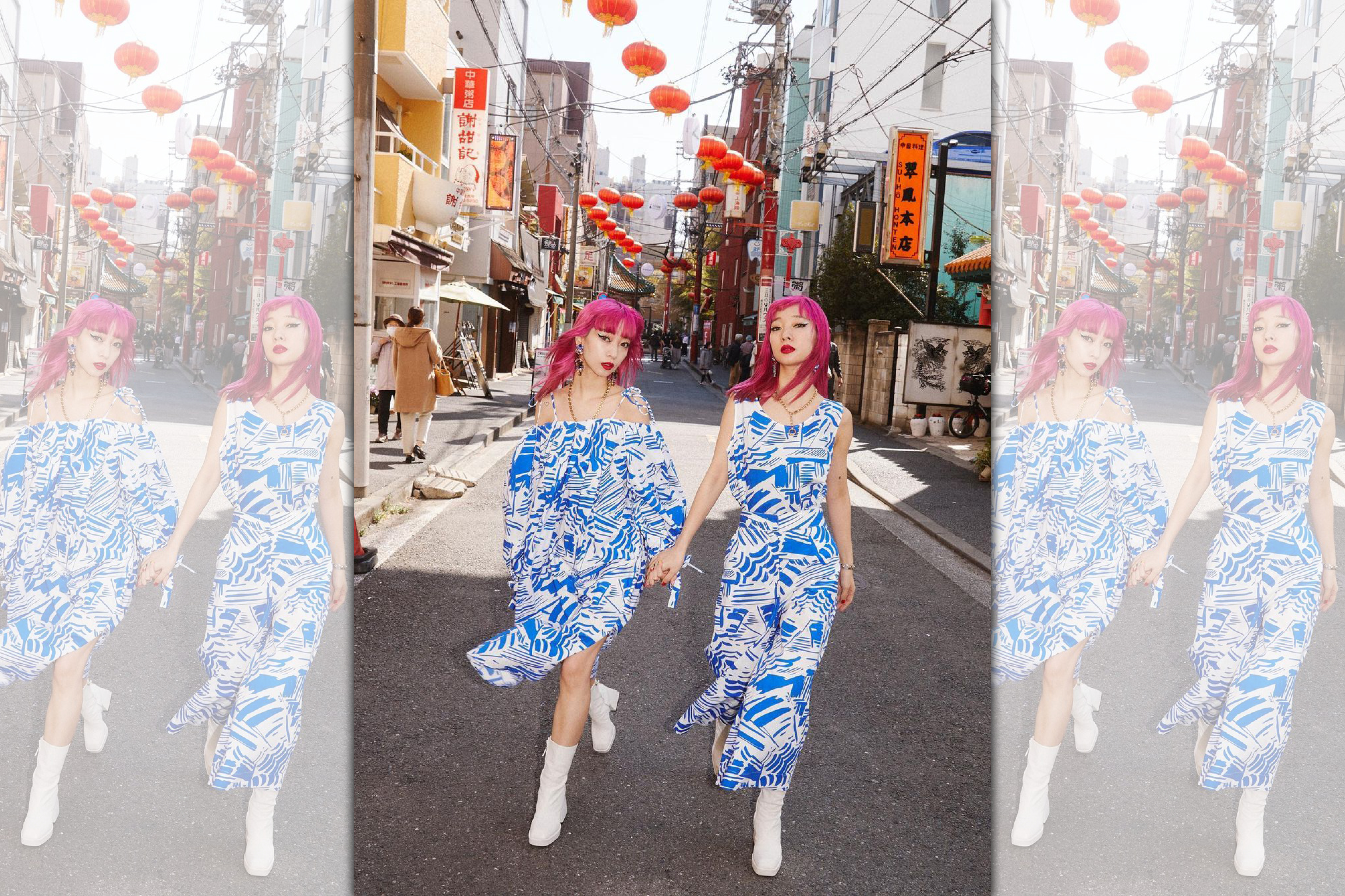 日本時尚雙胞胎Amiaya姊妹花穿上MSGM以義大利攝影師Luigi Ghirri作品為靈感的新裝，在東京街頭展現滿點活力。（翻攝自Amiaya IG）