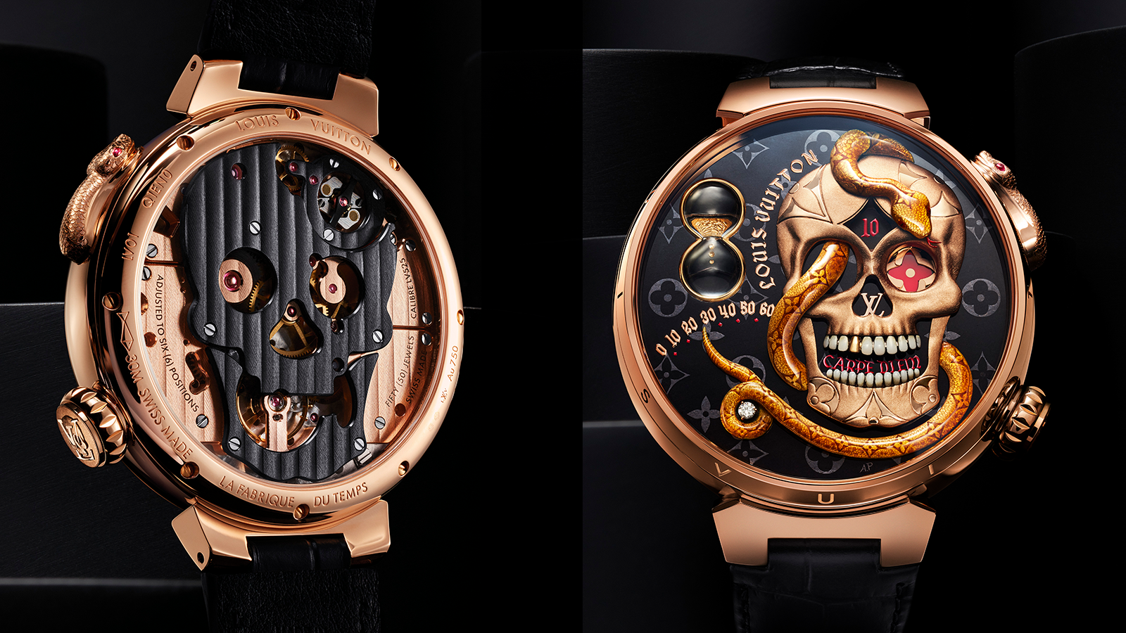 Tambour Carpe Diem｜錶徑46.8mm／18K玫瑰金材質／LV525手上鏈機芯／跳時、逆跳分鐘、動力儲存指示／動力儲存100小時／防水30米／建議售價NT$ 15,650,000 