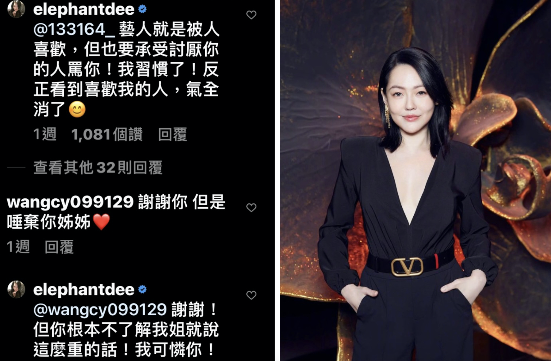 有網友留言「唾棄妳姐姐」，小S看到忍不住回：「謝謝， 但是你根本不了解我姊就說這麼重的話，我可憐你」。（翻攝自IG）