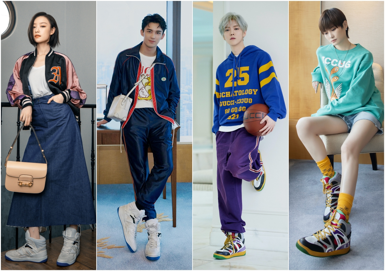 （左起）倪妮、吳磊、鹿晗、李宇春已穿上無性別的Basket系列籃球鞋，當上時尚環保尖兵。（GUCCI）