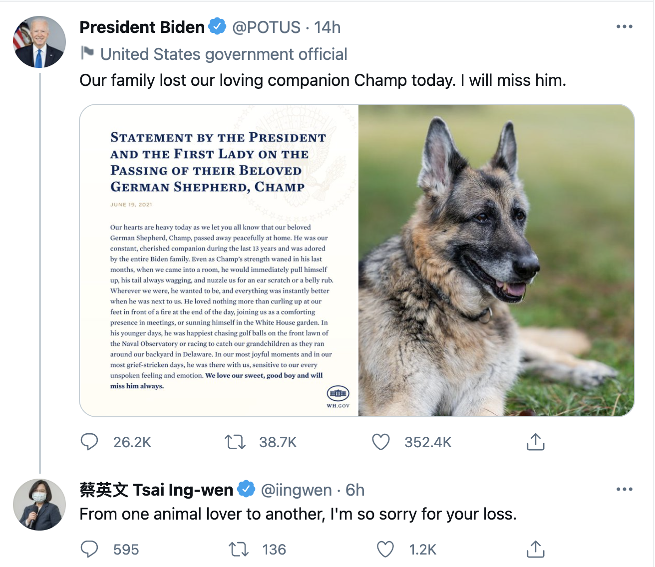 蔡英文在拜登推特留言哀悼「美國第一愛犬」。（翻攝POTUS推特）