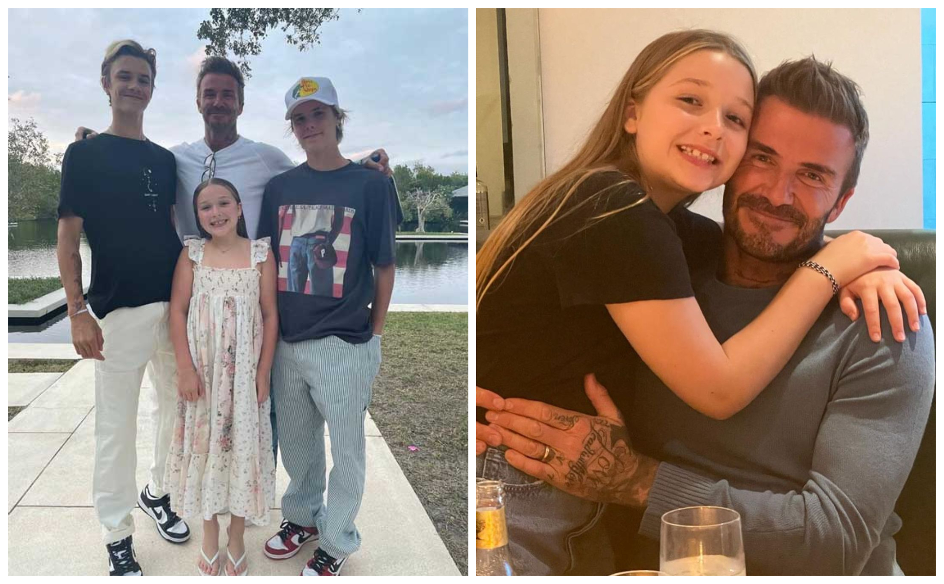 哈珀（左圖中）站在老爸貝克漢和哥哥們中間，身高已達到貝克漢的胸口。（翻攝victoriabeckham IG）