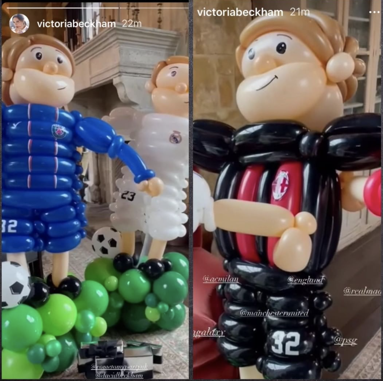 貝嫂特地請人製作貝克漢造型汽球，象徵他效力過的球隊。（翻攝victoriabeckham IG）