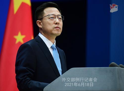中國外交部發言人趙立堅呼籲美國「不要藉疫苗援助搞政治操弄,干涉中國內政」。(翻攝自中國外交部)