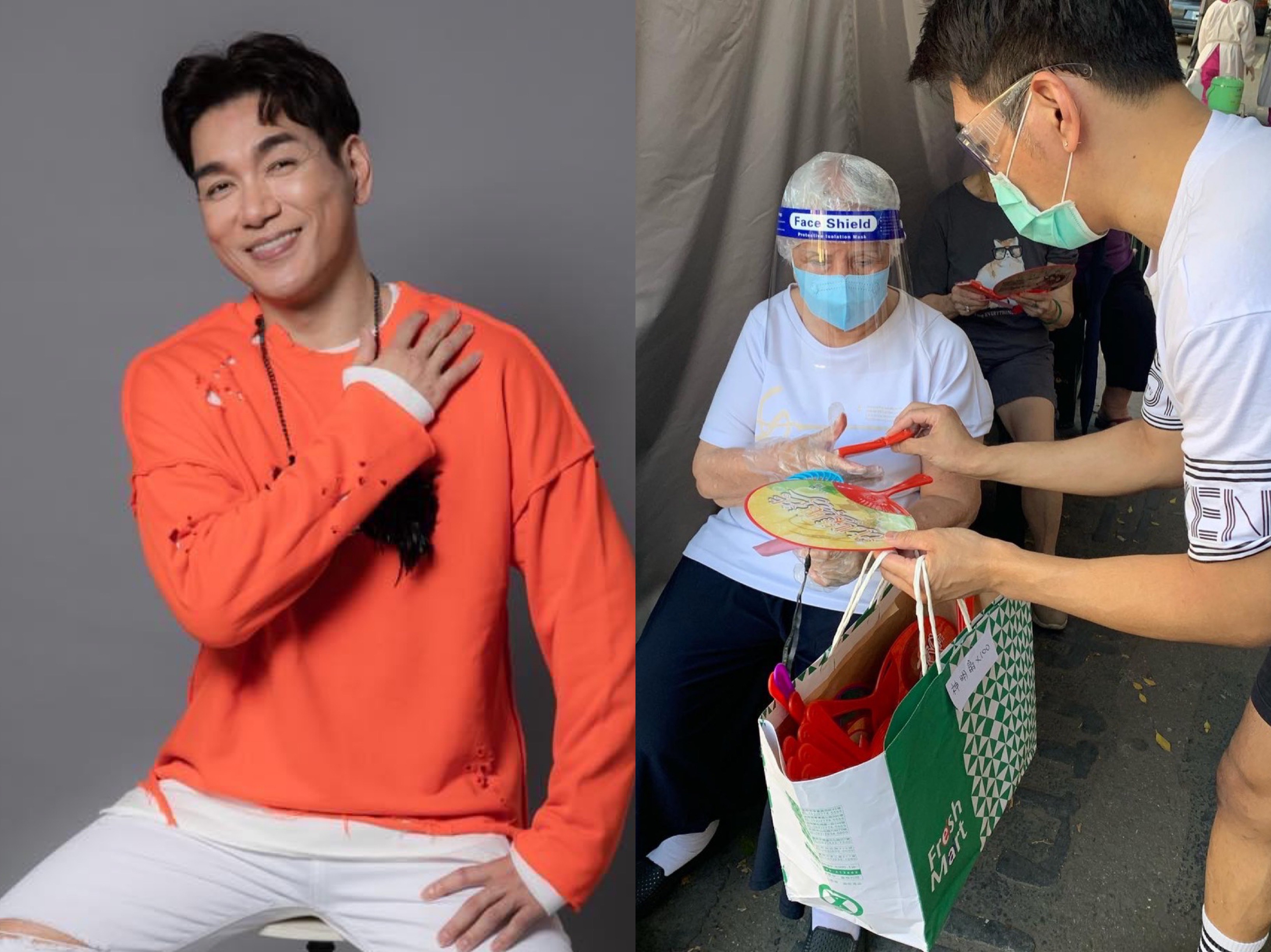 涂晨洋發放扇子、面紙給排隊等候施打疫苗的老人。（大海娛樂提供）