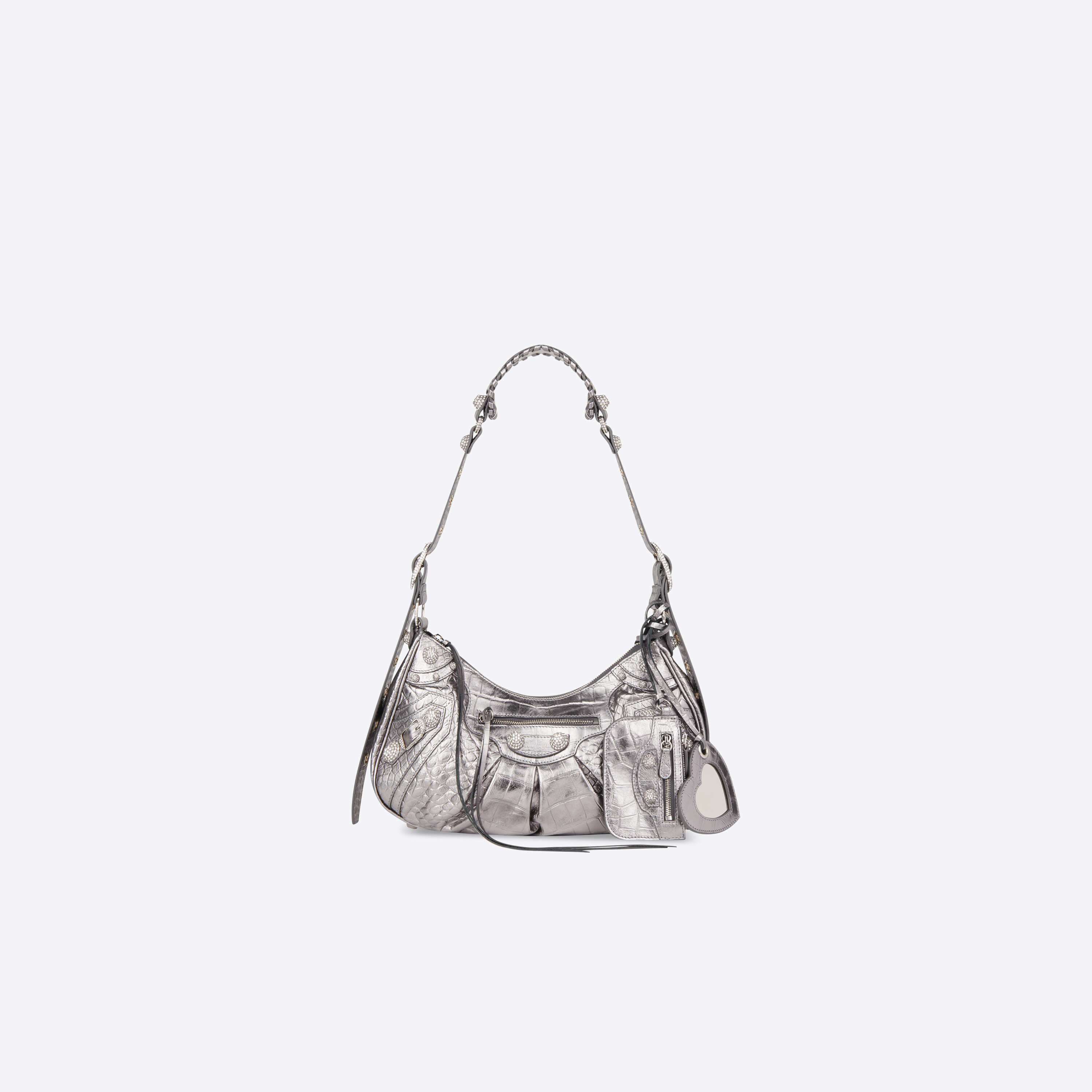 Le Cagole Small Shoulder Bag 銀色鱷魚壓紋肩下包 NT$69,800 BLENCIAGA。（BLENCIAGA提供）