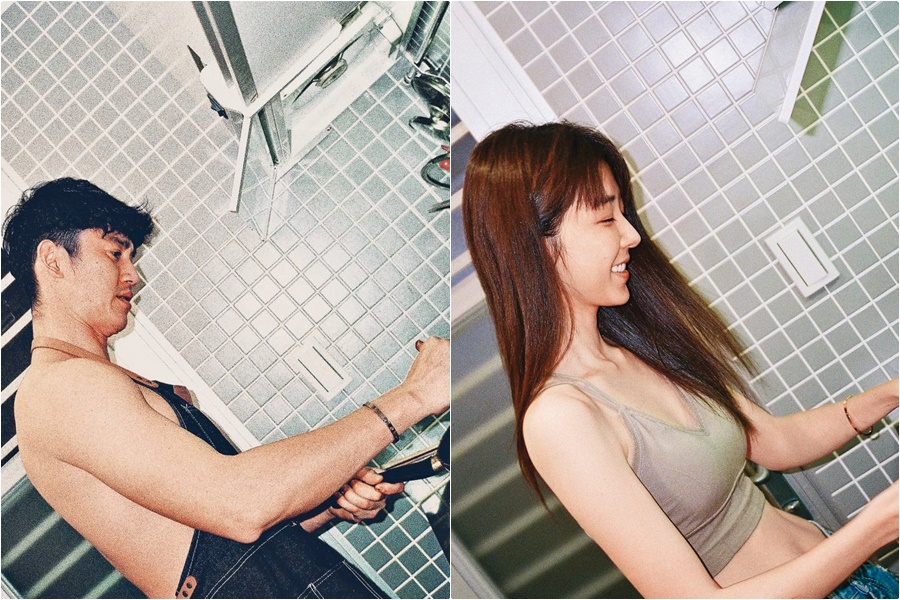 吳慷仁（左圖）辣秀裸體圍裙，笑說自己是「黑暗料理界第一把交椅」，而女友邵雨薇（右圖）則稱讚他是「小當家」。