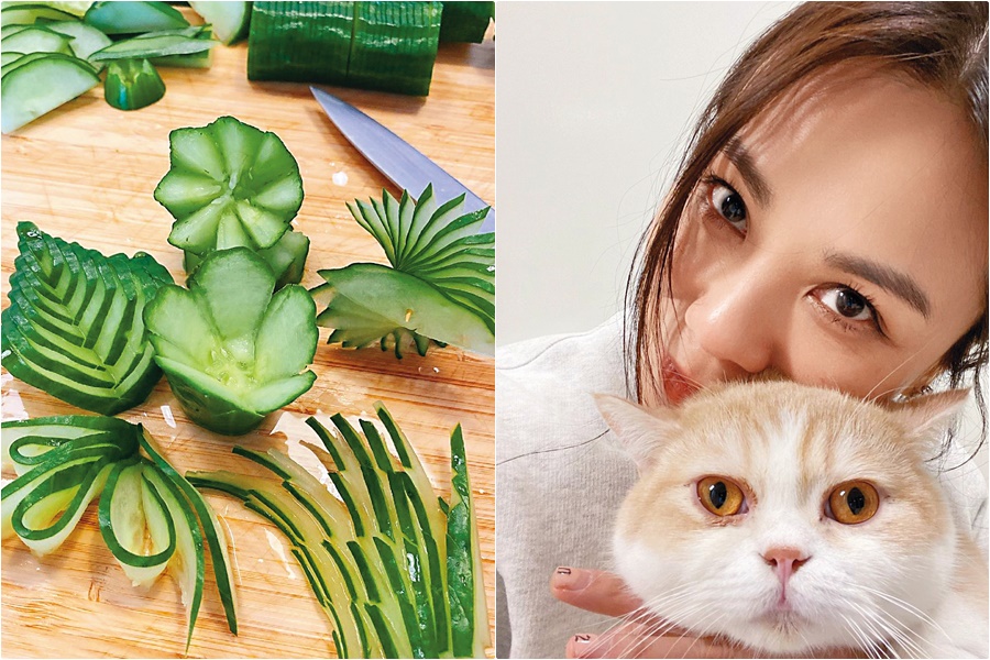 蔡健雅秀刀工，將小黃瓜雕成花朵、羽毛和8層金字塔，「第一天練完，手指抽筋、眼花花。」（翻攝自蔡健雅IG）