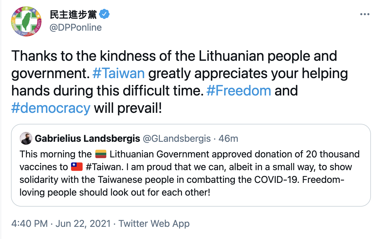 立陶宛外交部長藍斯柏吉斯在推特證實此消息，民進黨回應致謝。（翻攝推特）