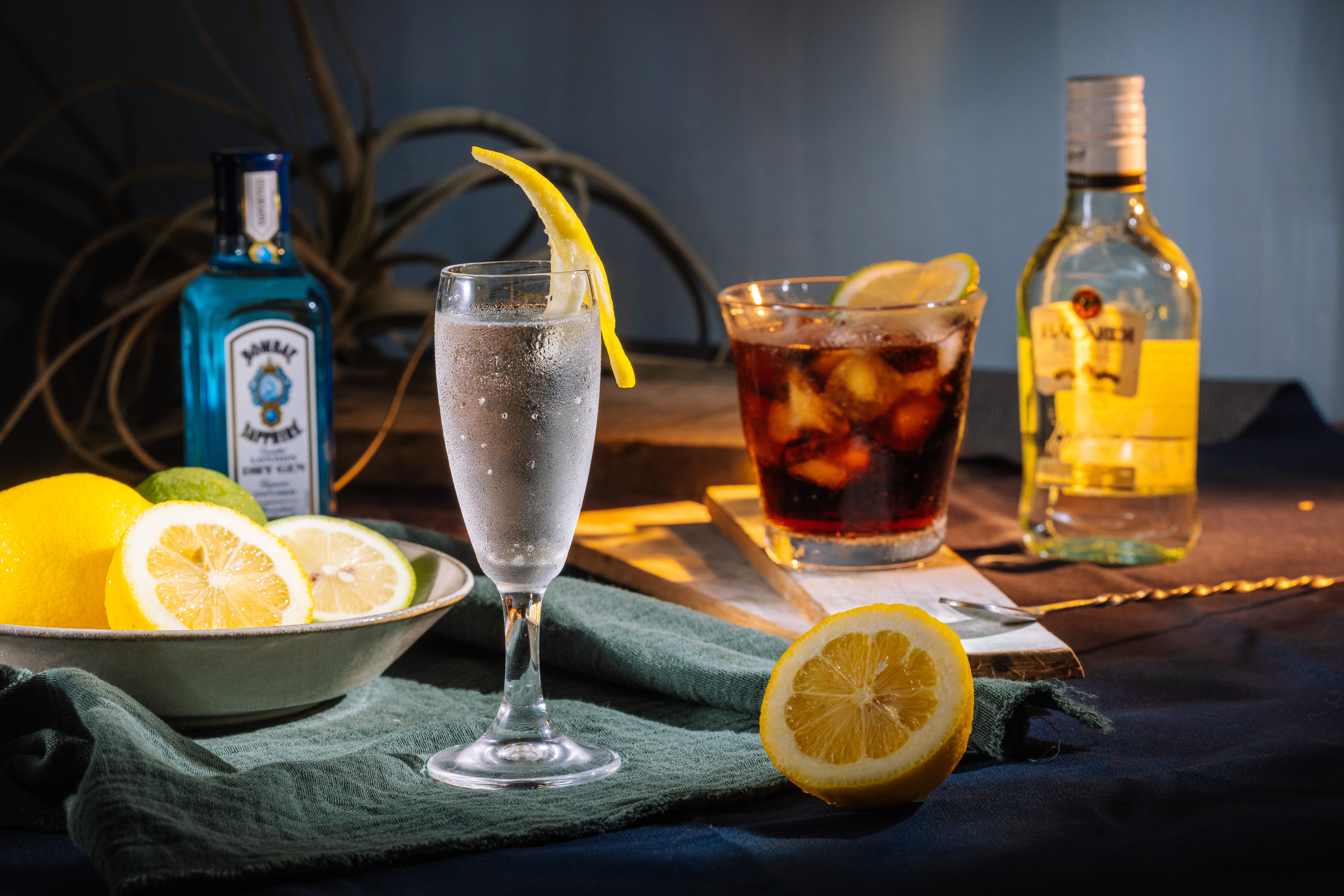 百加得集團自去年開始力推「#RaiseYourSpirits」居家調酒運動，呼籲大家利用手邊的烈酒，輕鬆調出「Gin Tonic」（左）、「自由古巴」（右）等經典調飲。