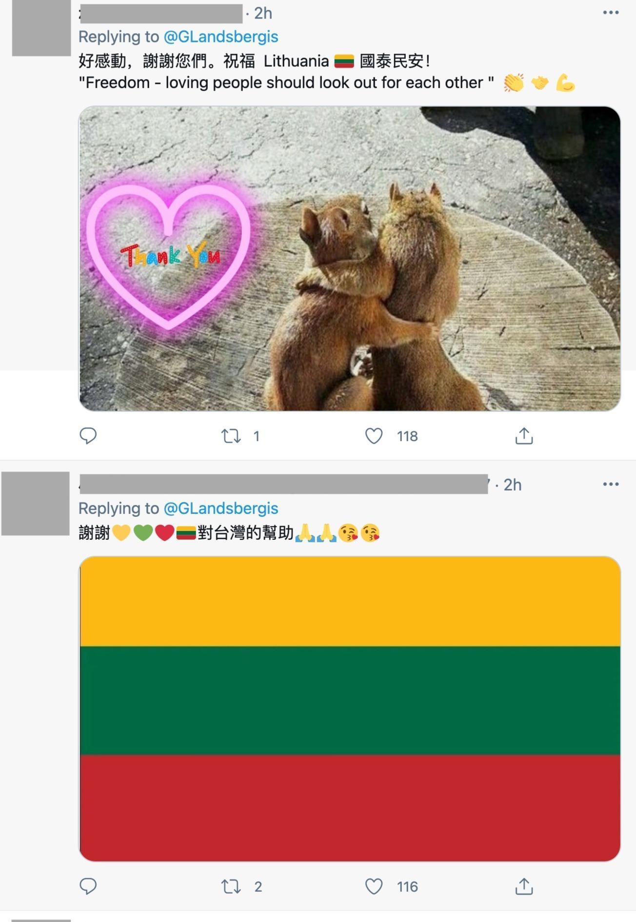 許多台灣網友在藍斯柏吉斯推特下方留言感謝。(翻攝推特)