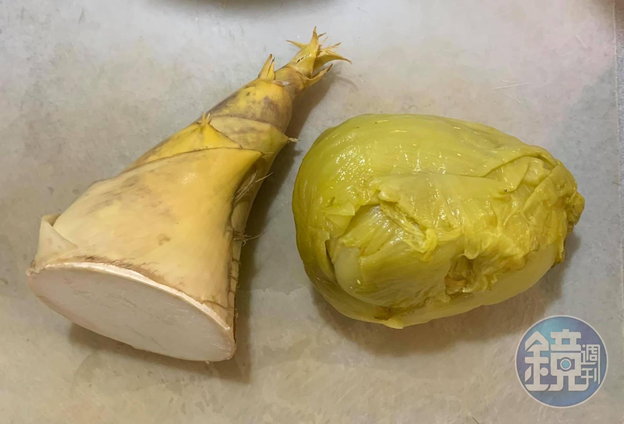 準備1支綠竹筍與醃菜心。