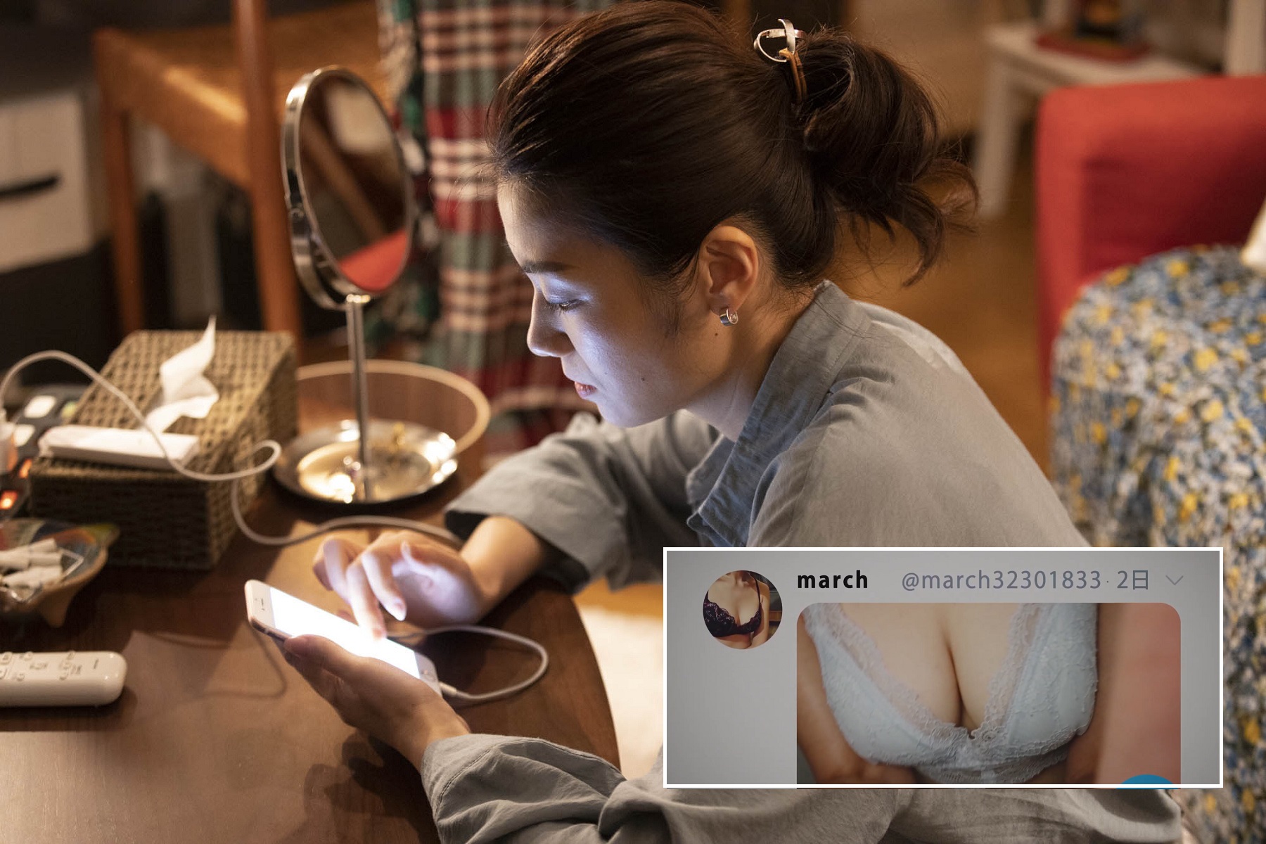 瀧内公美在《私慾帳號》開設「小帳」分享火辣性感照（小圖，翻攝自預告畫面），因而累積大批追蹤粉絲。（采昌國際多媒體提供）