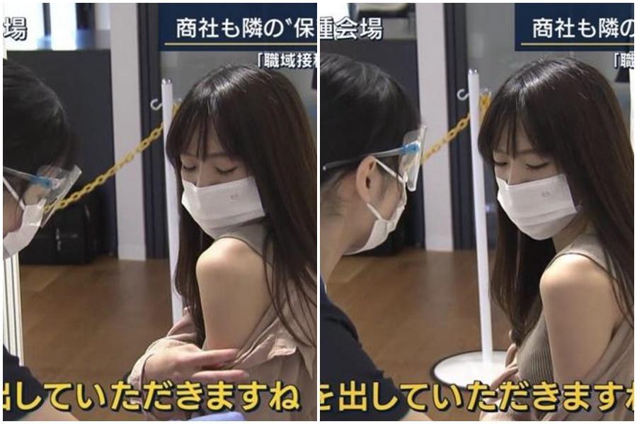 一名日本OL正妹接種疫苗畫面引發日、台網友暴動。(翻攝自日網)