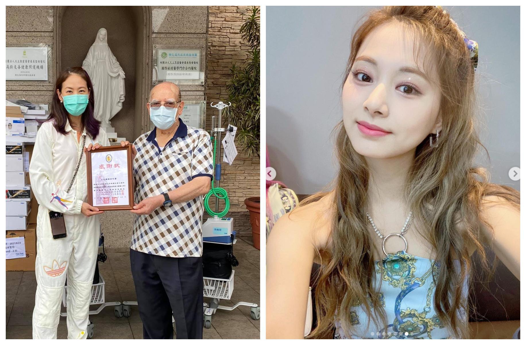 賈永婕(左圖左)透露周子瑜(右圖)捐出50台PAPR。(翻攝賈永婕臉書、TWICE IG)