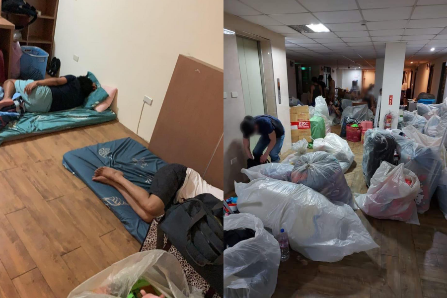 京元電子的移工宿舍不僅私人物品堆積如山,移工還因為來不及組床架需要睡地板。(翻攝自曾玟學臉書)