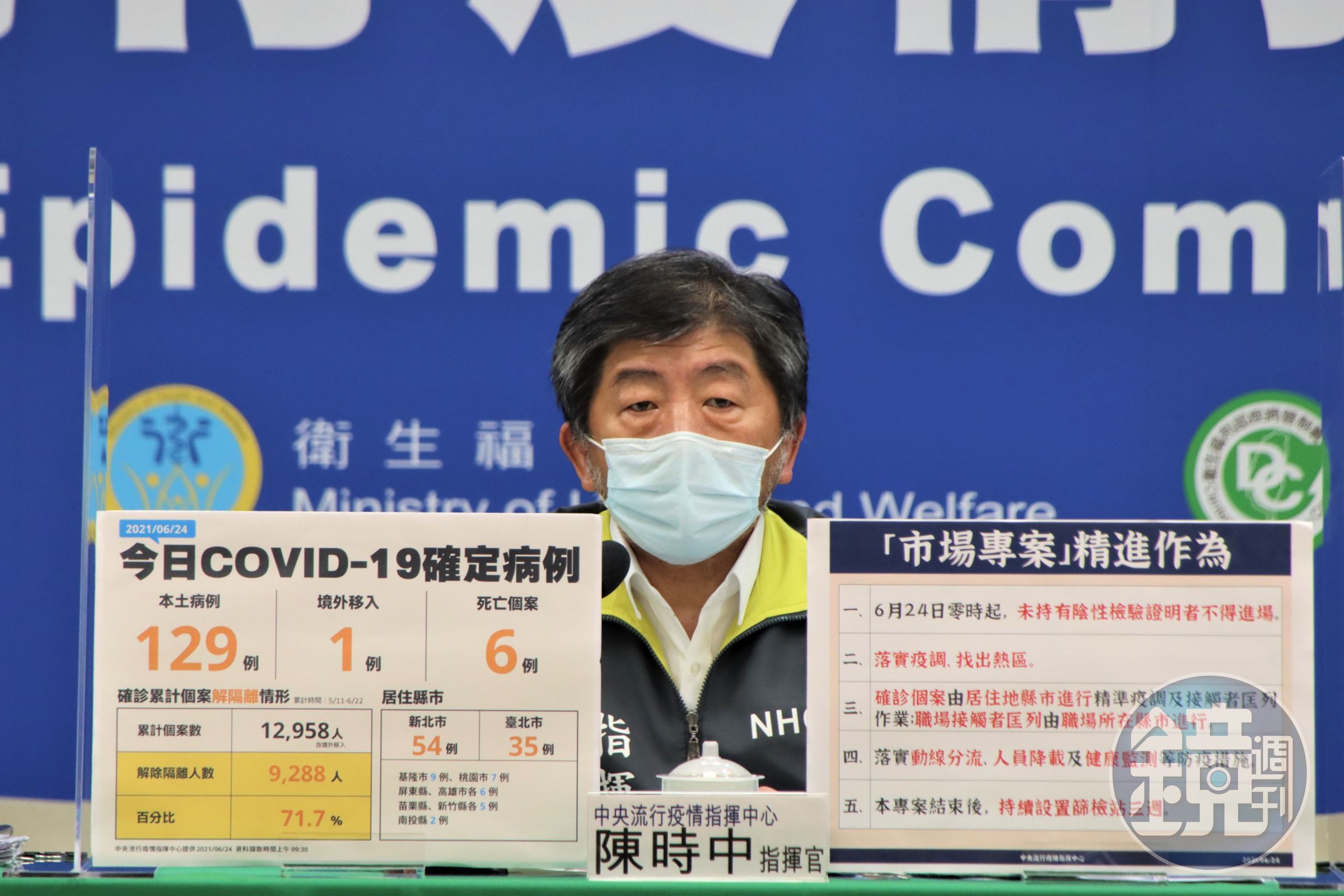 針對台北農產運銷公司群聚感染防疫作為，指揮官陳時中公布「市場專案」精進作為。（指揮中心提供）