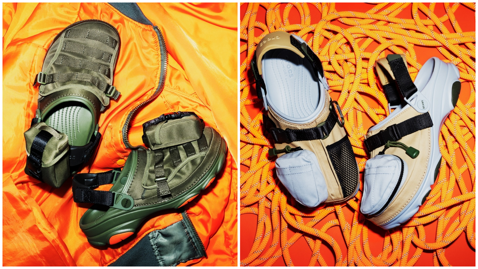 本次BEAMS X Crocs共推出兩種款式，每種款式共兩種配色。（左）Classic All-Terrain Military Clog NT$2,860、（右）Classic All- Terrain Outdoor Clog NT$2,860 BEAMS X Crocs（Crocs提供）