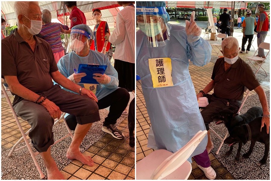 高雄接種站今有一名阿公到場，有兩隻小可愛左右護法。（翻攝自高雄一百粉絲專頁）