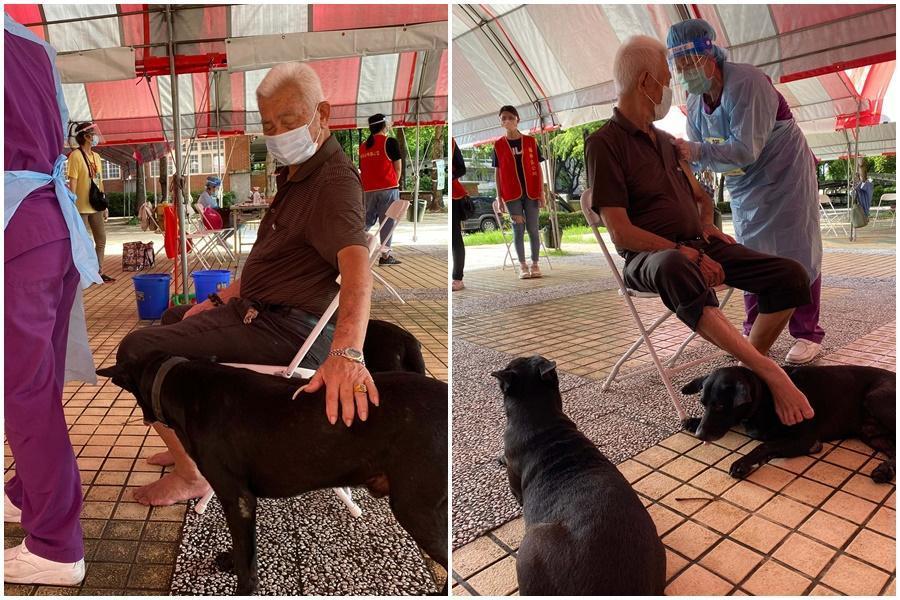 一名阿公接種疫苗愛犬一路愛相隨全程。(翻攝自高雄一百粉絲專頁)
