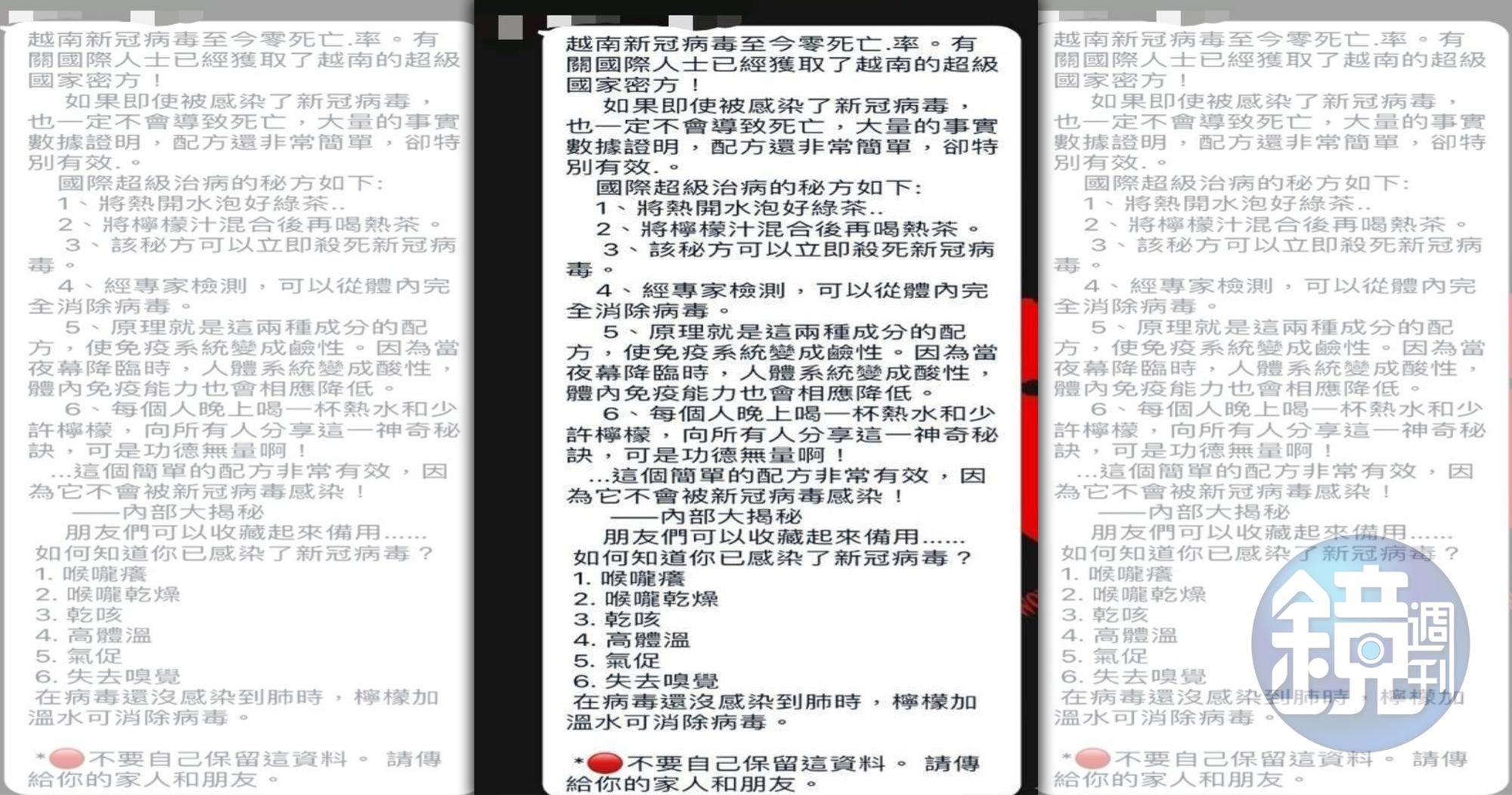 新北女子在LINE傳送治療武漢肺炎祕方的假訊息,被關山分局函送台中地檢署偵辦。(讀者提供)