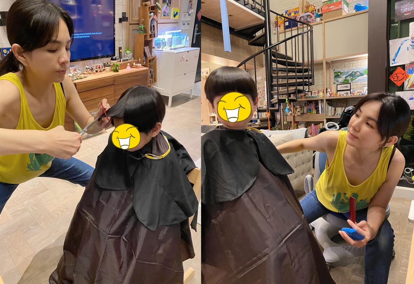 Ella親自為兒子勁寶剪頭髮，架式十足。（翻攝自Ella臉書）