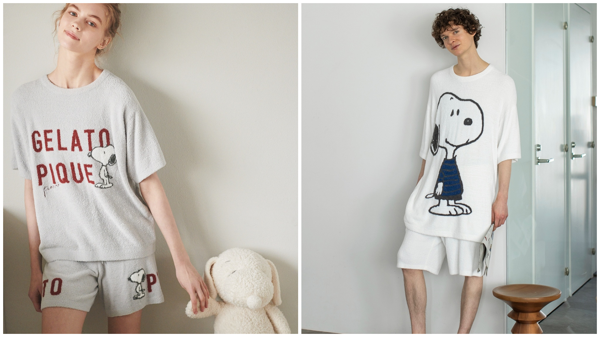 gelato pique今年夏季再度推出PEANUTS聯名系列，讓SNOOPY陪你一起度過宅家時光。（左）LOGO緹花上衣 NT$2,380、（右）男裝大圖案角色上衣&短褲Set NT$4,780 gelato pique（gelato pique提供）