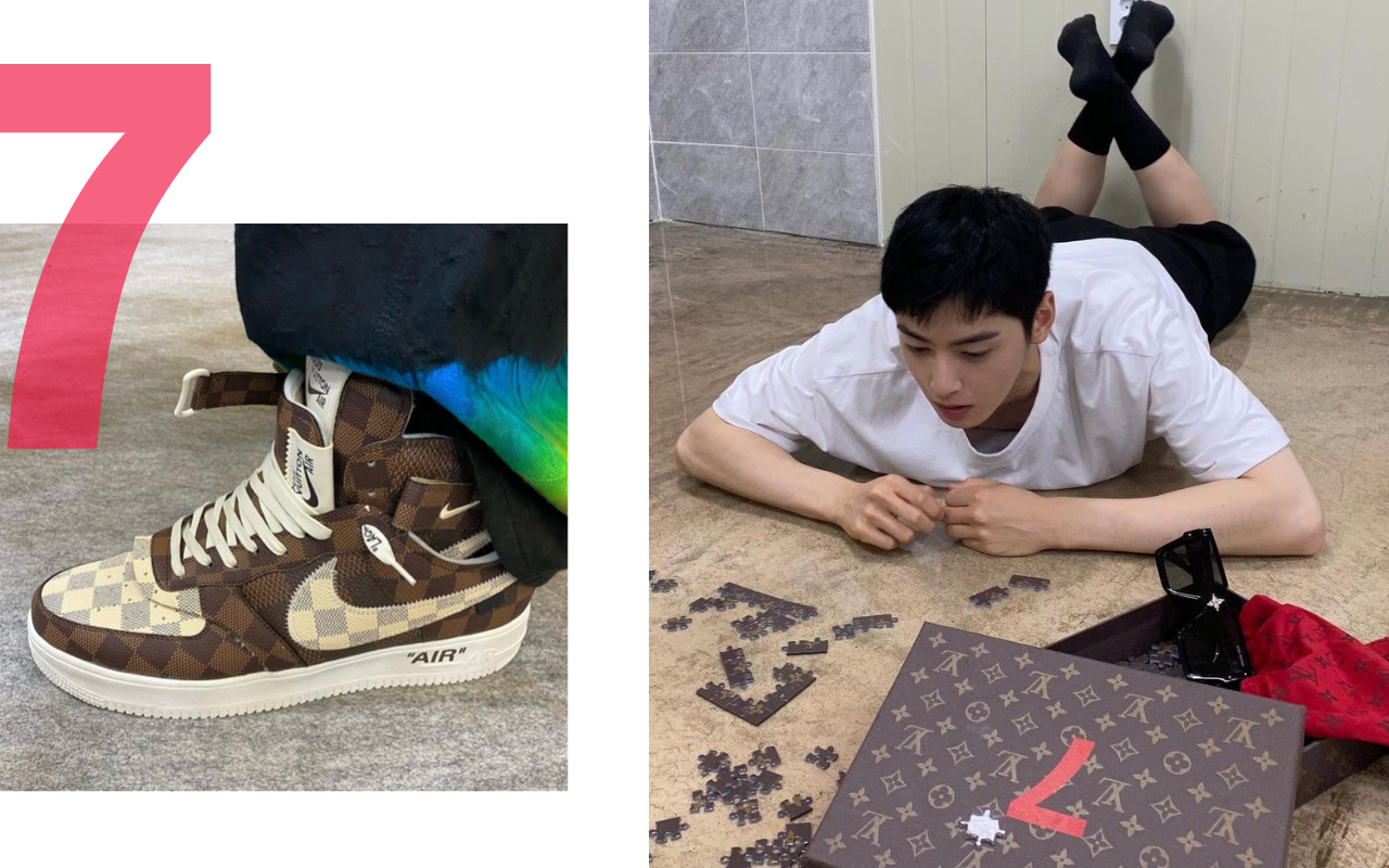 車銀優趴地玩LV拼圖,預告春夏男裝秀。這場秀發表AIR FORCE 1的聯乘款,成為話題。(翻攝自車銀優IG、LV提供)