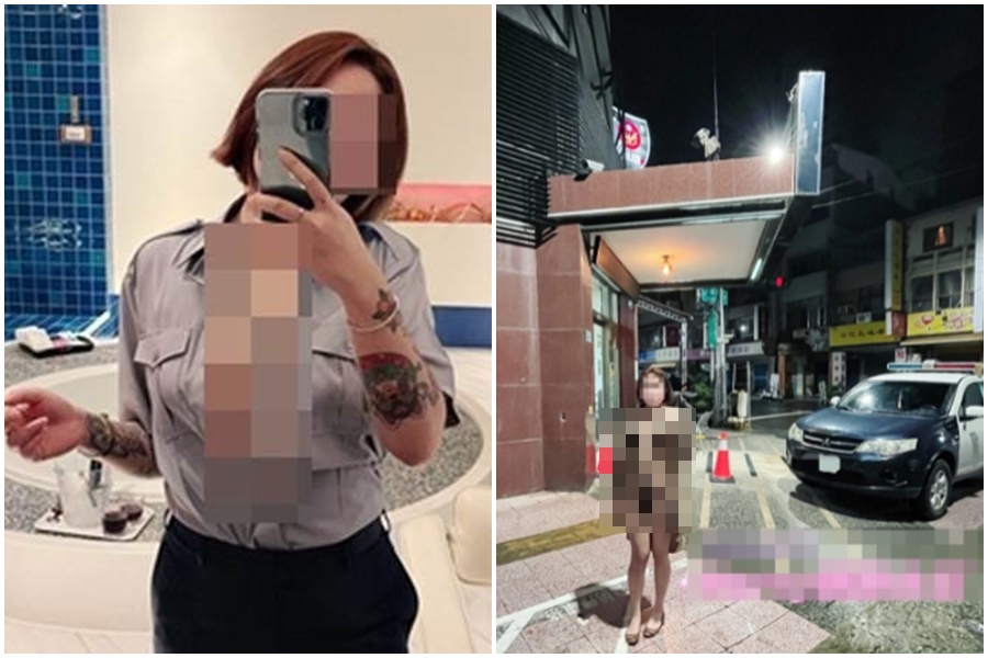 一名自稱「女王」的崔女在派出所外拍攝野外露出，其掌鏡者竟是一線三星員警。（翻攝自當事者推特）