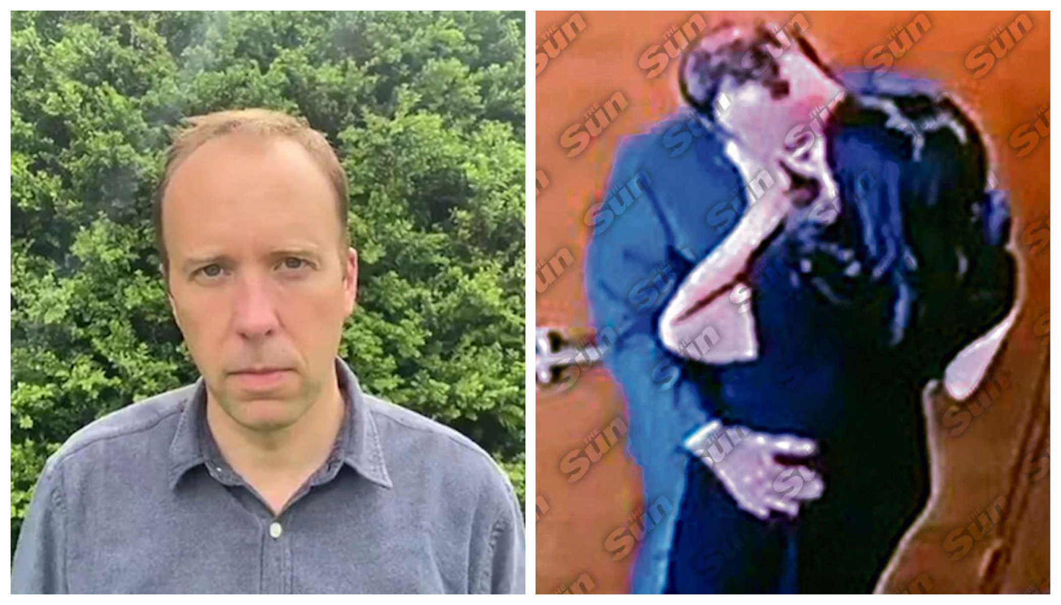 前英國衛生大臣漢考克爆出桃色風波，與女助理在辦公室忘情喇舌，之後請辭。（翻攝Matt Hancock推特、《太陽報》）