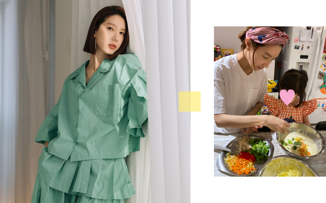 宋米秦在家下廚也會精心打扮，她建議可以跟小朋友一起動手做簡單的料理。（我是凱文工作室提供）