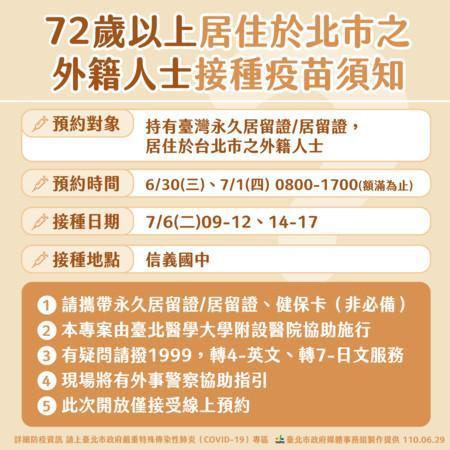 72歲以上居住於北市外籍人士,可上台北醫學大學附設醫院的網站預約接種疫苗。(台北市政府提供)