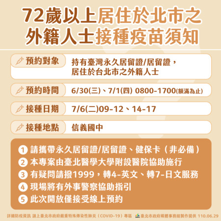 72歲以上居住於北市外籍人士,可上台北醫學大學附設醫院的網站預約接種疫苗。(台北市政府提供)