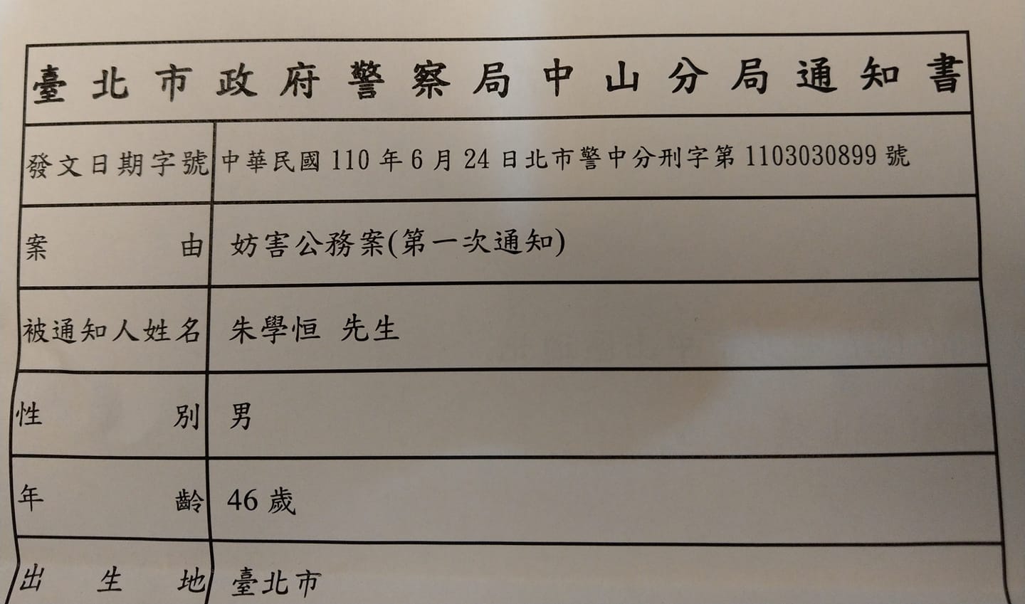 朱學恒遭告發妨害公務，警方請他到案說明。（翻攝自朱學恒的阿宅萬事通事務所臉書）