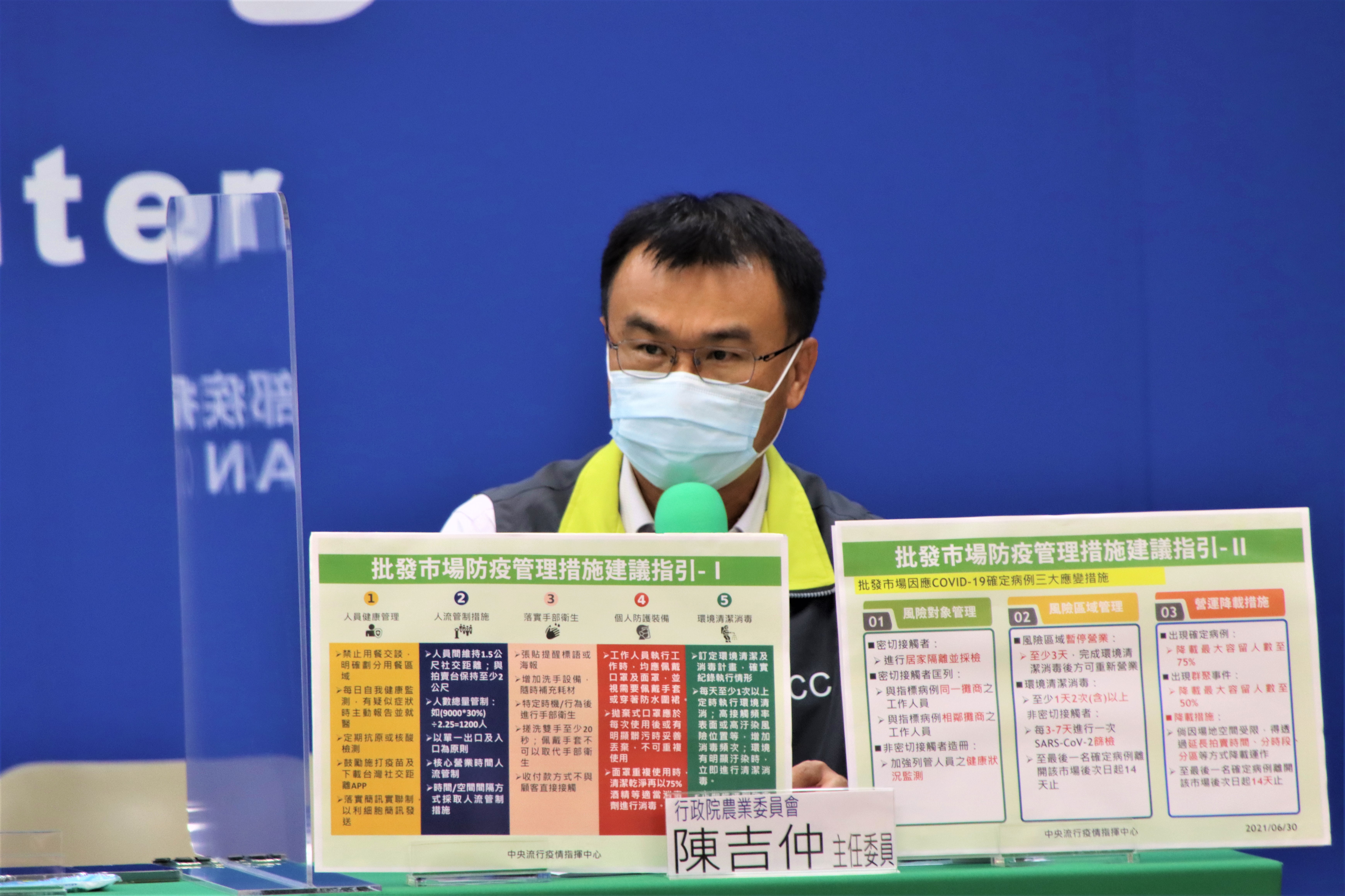 農委會主委陳吉中說明「批發市場防疫管理措施建議指引」。（指揮中心提供）