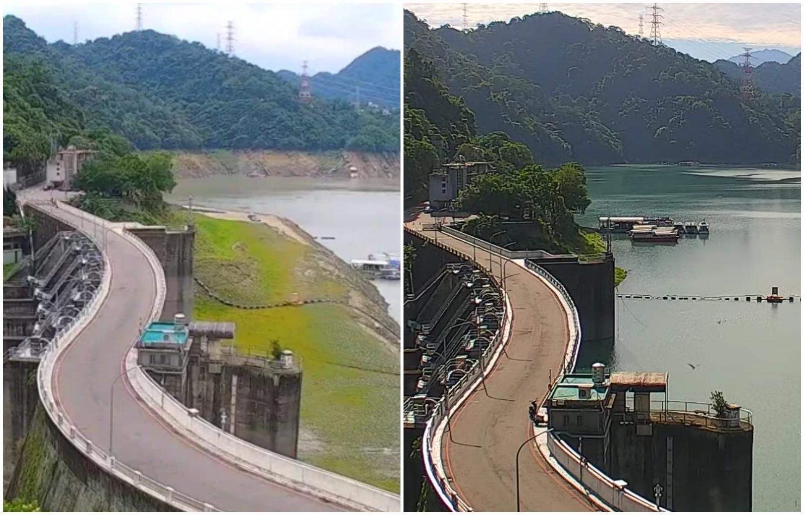 石門水庫6月1日(左)時還可見大片草皮,6月30日(右)時已經是一片碧色池水。(翻攝自桃園智慧旅遊雲YouTube)
